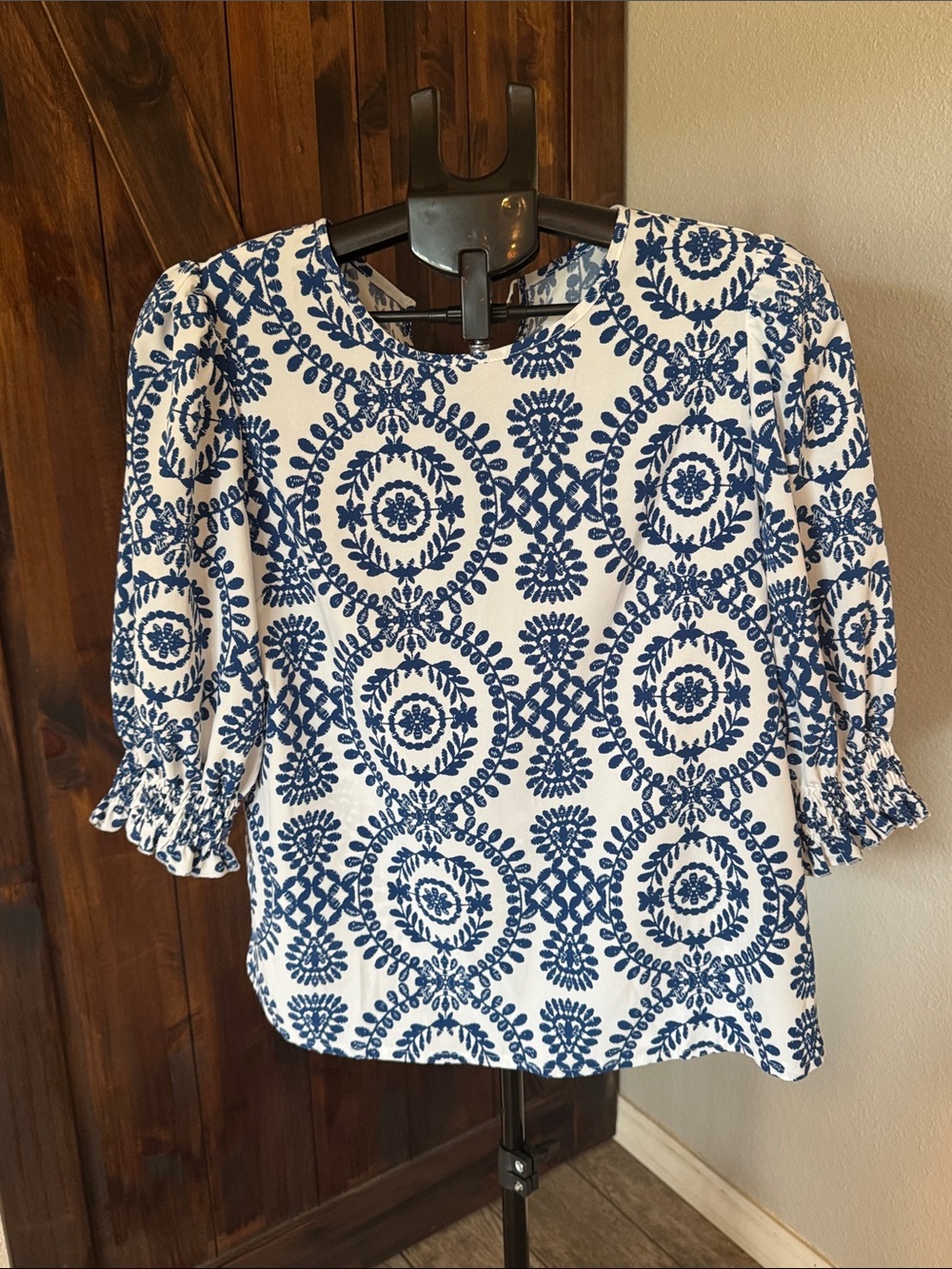 SHEIN Blue and White Floral Medallion Blouse